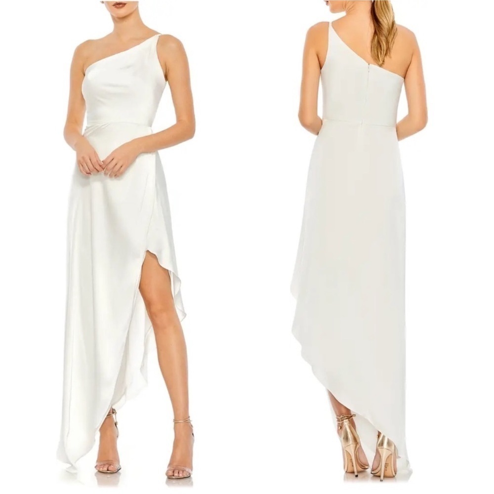 NWOT IEENA for Mac Duggal Gown Asymmetric One-Shoulder Satin Gown in White SZ 8